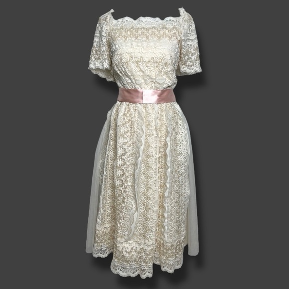 Vintage Lillie Rubin Ivory Lace Dress Sequin Square Neck  Fit Flare Bridal - Picture 1 of 9